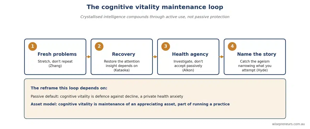 cognitive-vitality-professionals-over-50-diagram-maintenance-loop Diagram showing the four-step cognitive vitality maintenance loop, fresh problems, recovery, health agency, and naming internalised ageism, above a contrast between the passive decline model and the active appreciating-asset model